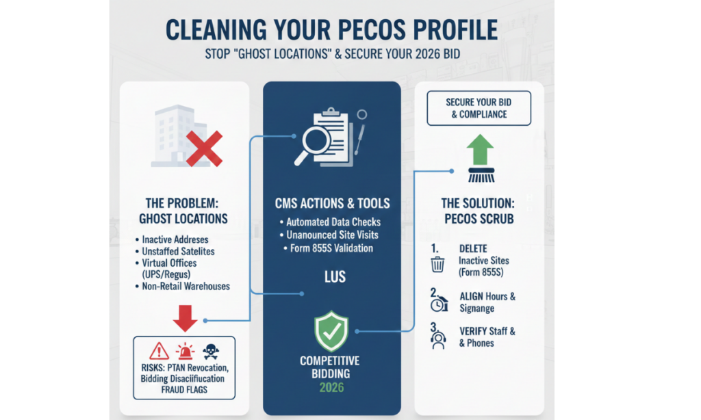 PECOS 2.0 dashboard showing practice location management and Form 855S