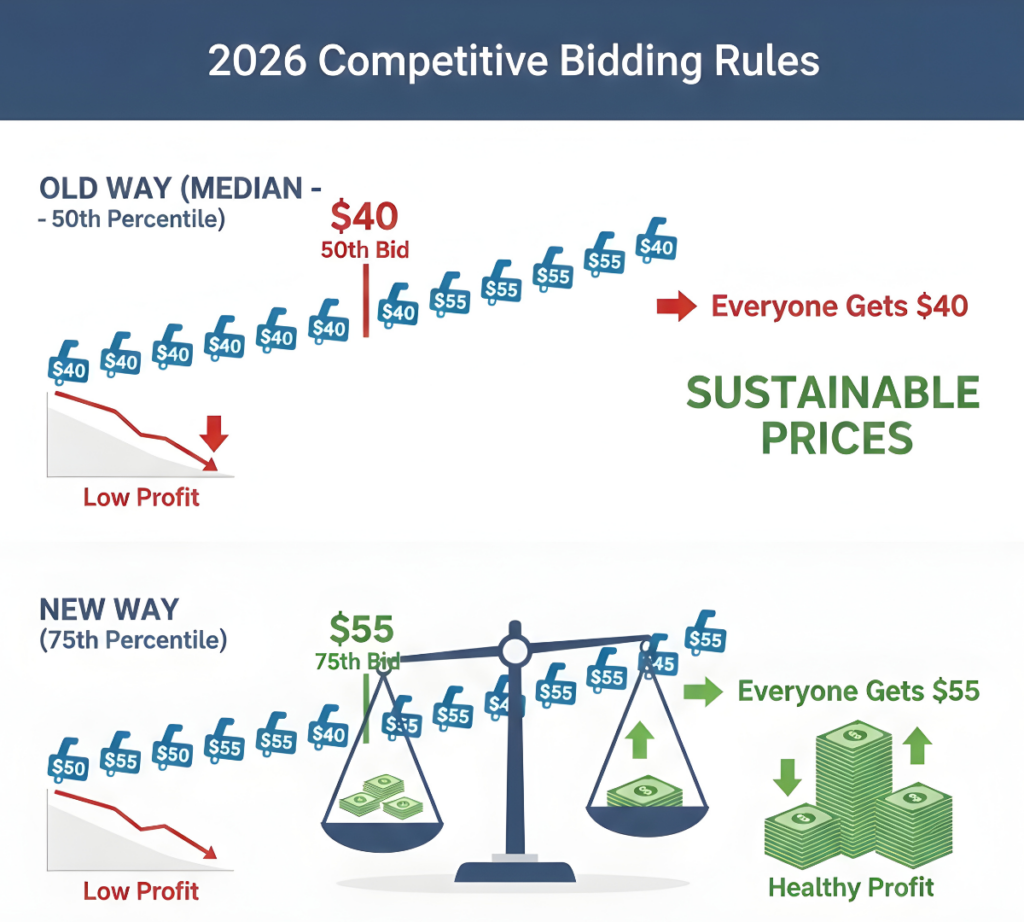 Infographic comparing Median, 75th Percentile, and Pivotal Bid methodology