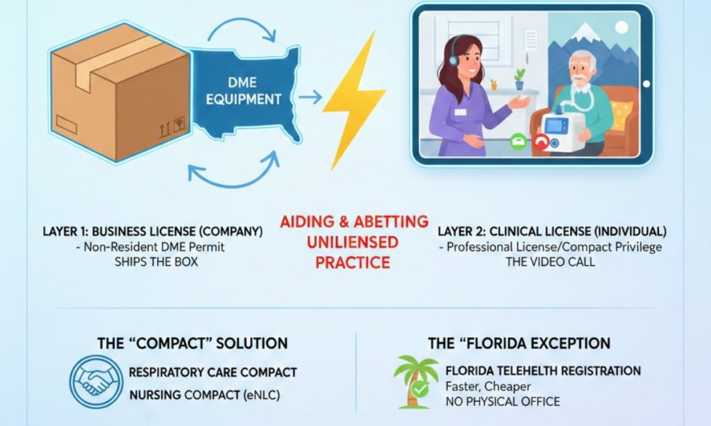 Diagram showing the two layers of licensing for DME virtual setups: Business vs Clinical