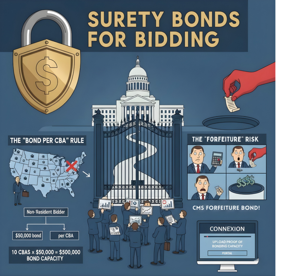 Diagram explaining $50,000 surety bond requirement per non-resident CBA