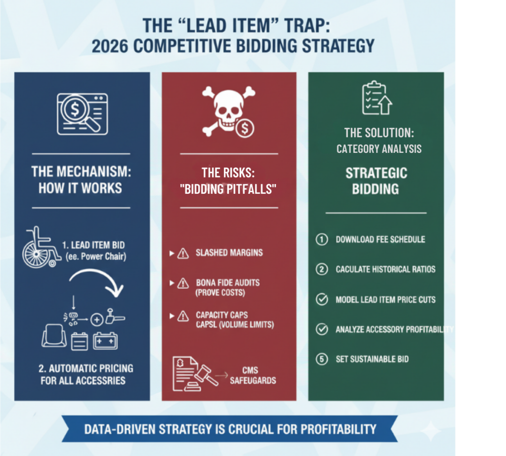 Diagram illustrating lead item pricing and historical accessory ratios in DME bidding