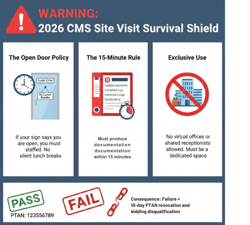Diagram of DME facility signage and door hour compliance for CMS site visits