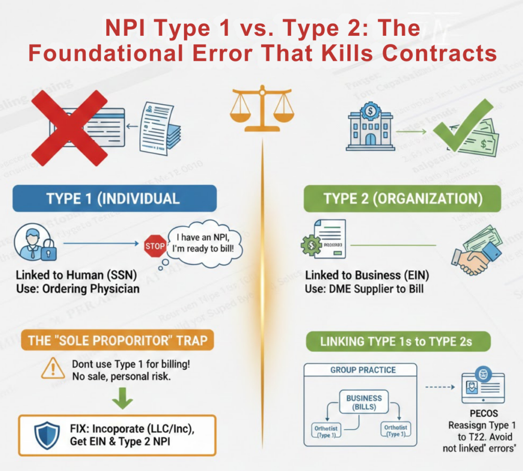 Comparison chart of individual NPI Type 1 and organizational NPI Type 2 for DMEPO