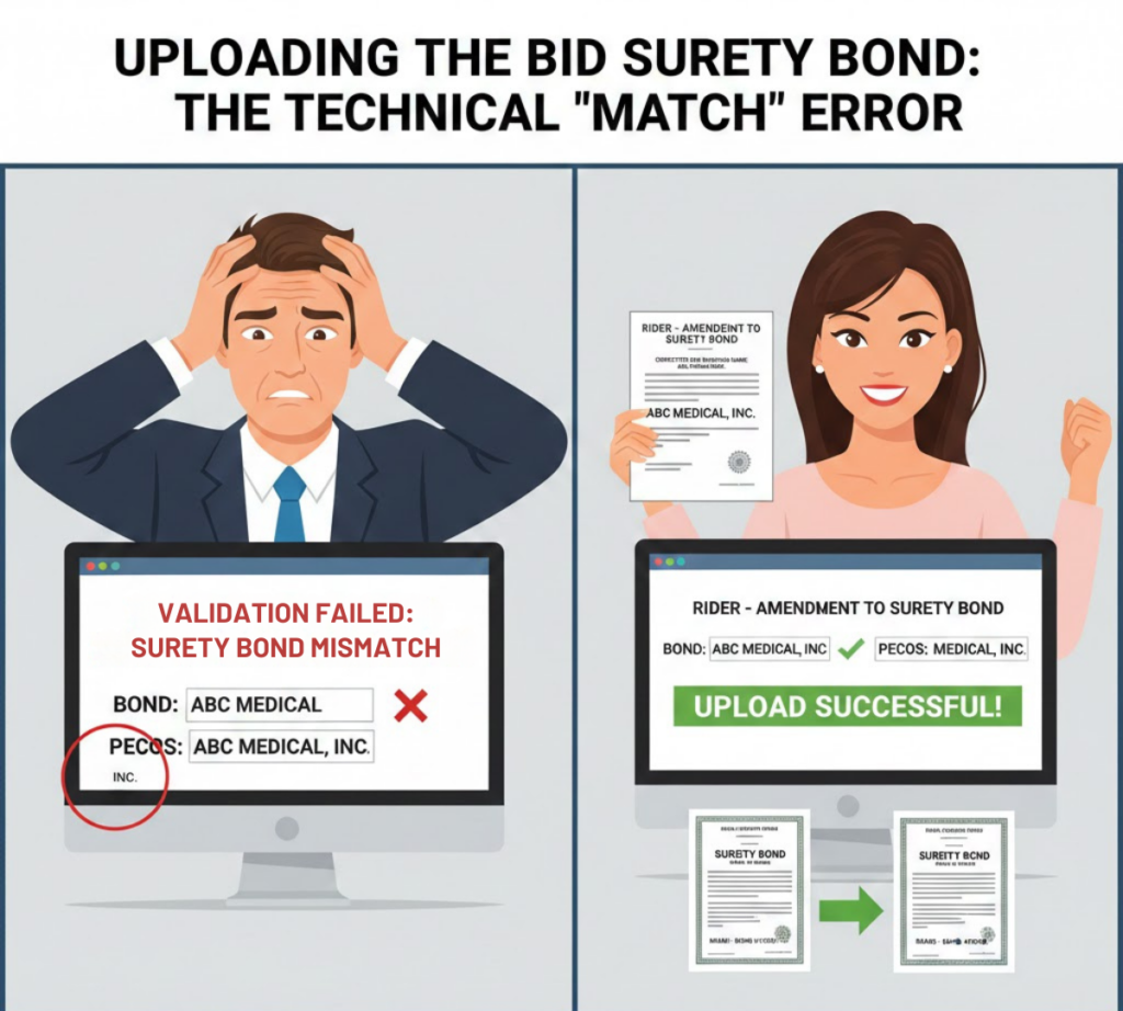 Diagram showing the exact match requirement between Bond Principal Name and PECOS Legal Business Name