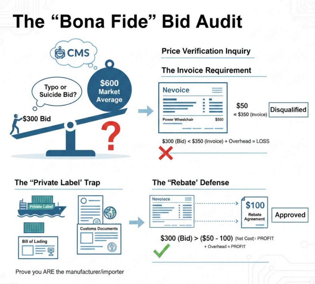 Infographic showing the types of documentation required for a bona fide bid audit (Invoices, Quotes, Price Lists)
